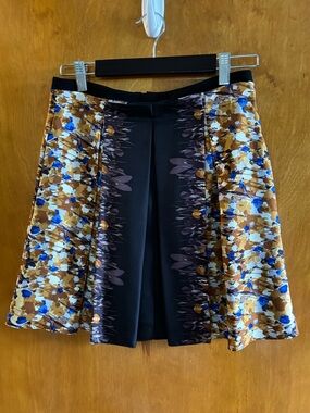 Tibi Black Floral Panel Mini Skirt with Blue and Gold Accents